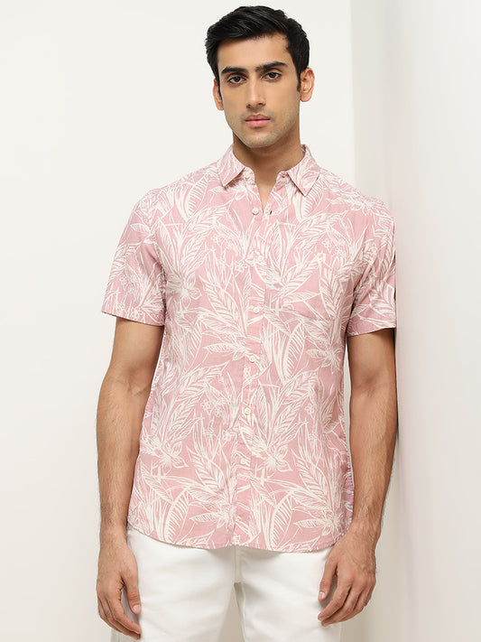 WES Casuals Pink Foliage Design Slim-Fit Cotton Shirt