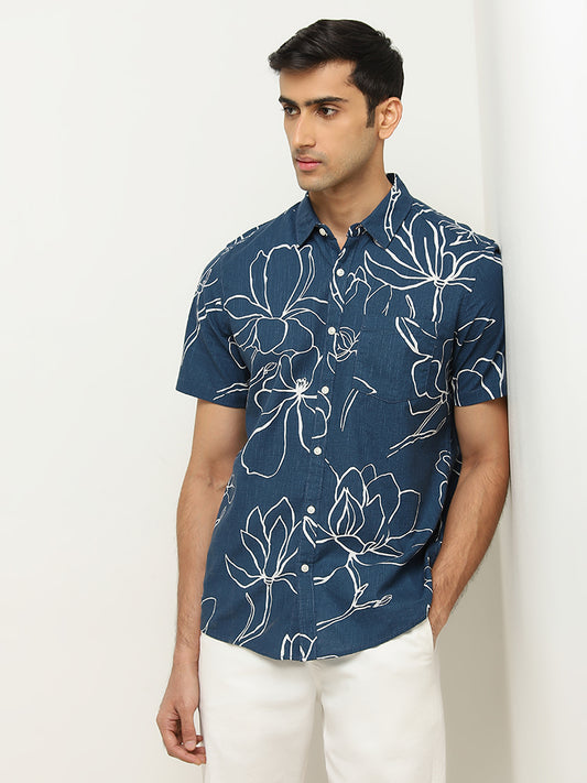 WES Casuals Dark Blue Floral Pattern Slim-Fit Cotton Shirt