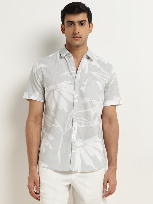 WES Casuals Light Grey Floral Print Slim-Fit Cotton Shirt