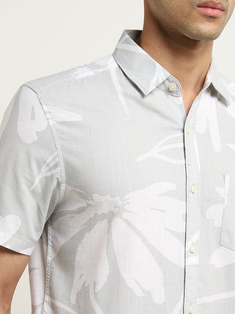 WES Casuals Light Grey Floral Print Slim-Fit Cotton Shirt