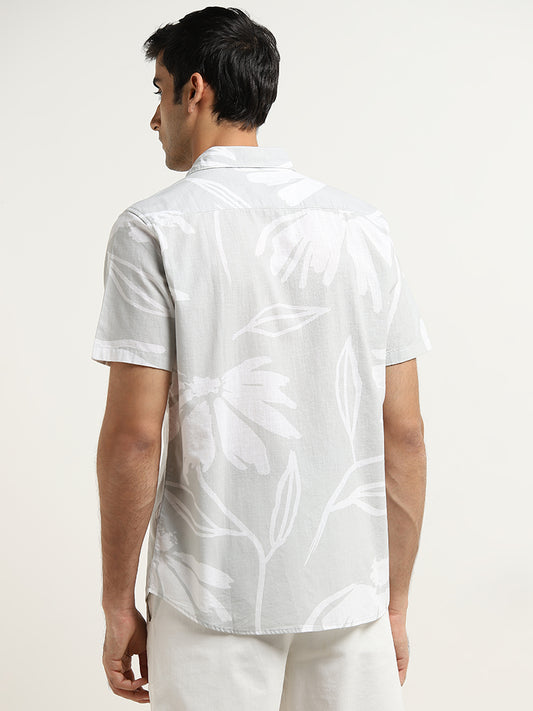 WES Casuals Light Grey Floral Print Slim-Fit Cotton Shirt
