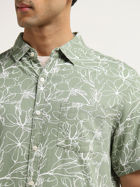 WES Casuals Sage Floral Printed Slim-Fit Cotton Shirt
