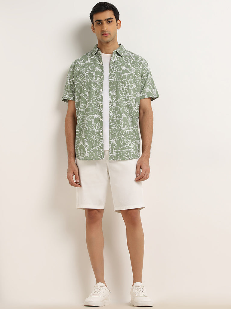 WES Casuals Sage Floral Printed Slim-Fit Cotton Shirt