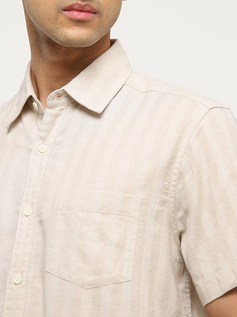 WES Casuals Beige Striped Relaxed-Fit Cotton Shirt