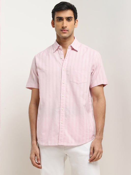 WES Casuals Pink Striped Relaxed-Fit Cotton Shirt