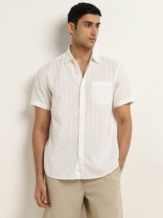 WES Casuals White Striped Relaxed-Fit Cotton Shirt
