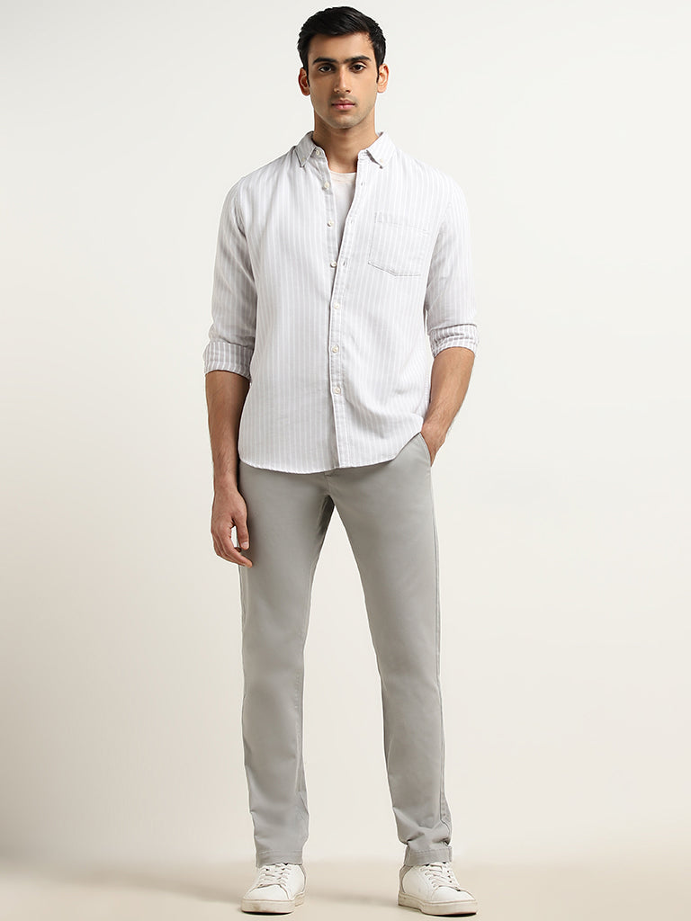 WES Casuals Light Grey Striped Slim-Fit Cotton Shirt