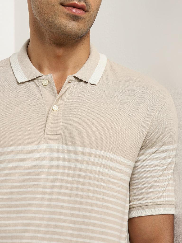 WES Casuals Beige Striped Relaxed-Fit Polo T-Shirt