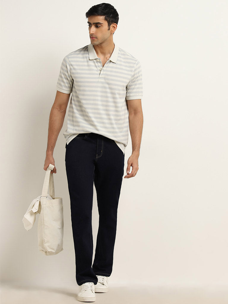 WES Casuals Light Grey Striped Relaxed-Fit Polo T-Shirt