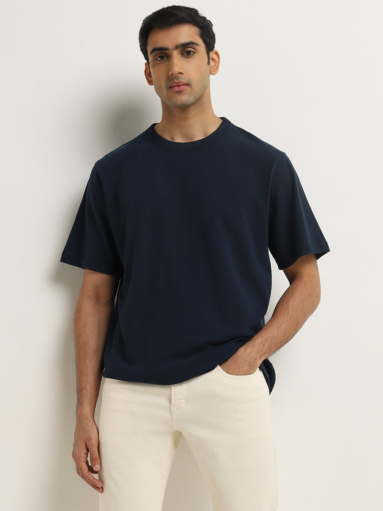 WES Casuals Navy Solid Relaxed-Fit Cotton T-Shirt