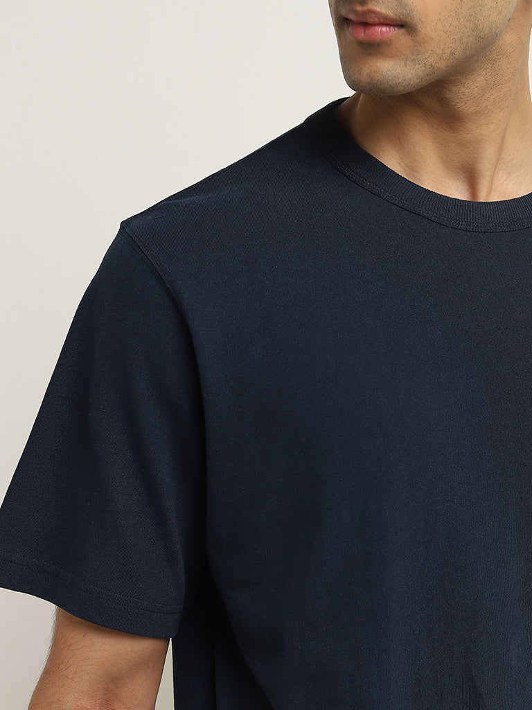 WES Casuals Navy Solid Relaxed-Fit Cotton T-Shirt