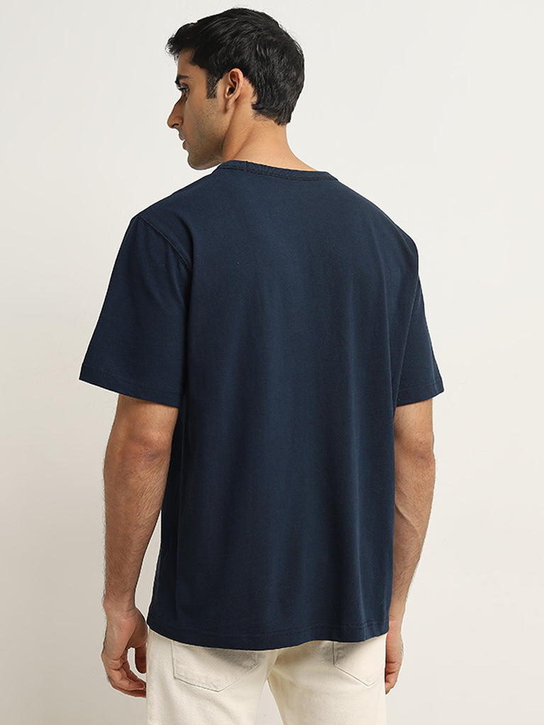 WES Casuals Navy Solid Relaxed-Fit Cotton T-Shirt