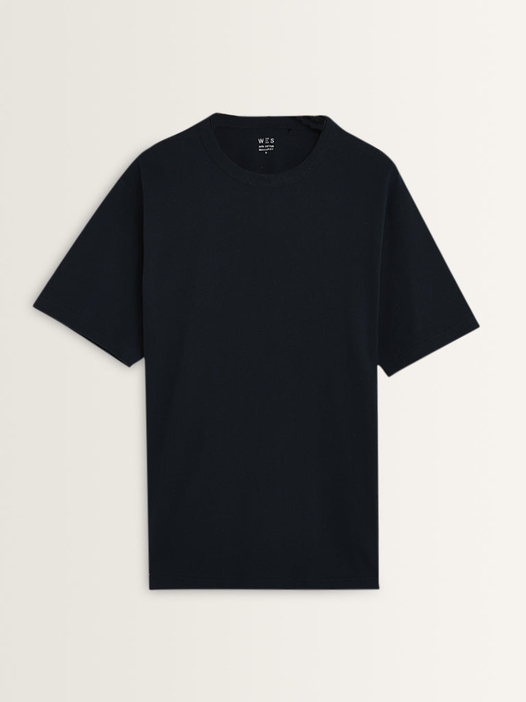 WES Casuals Navy Solid Relaxed-Fit Cotton T-Shirt