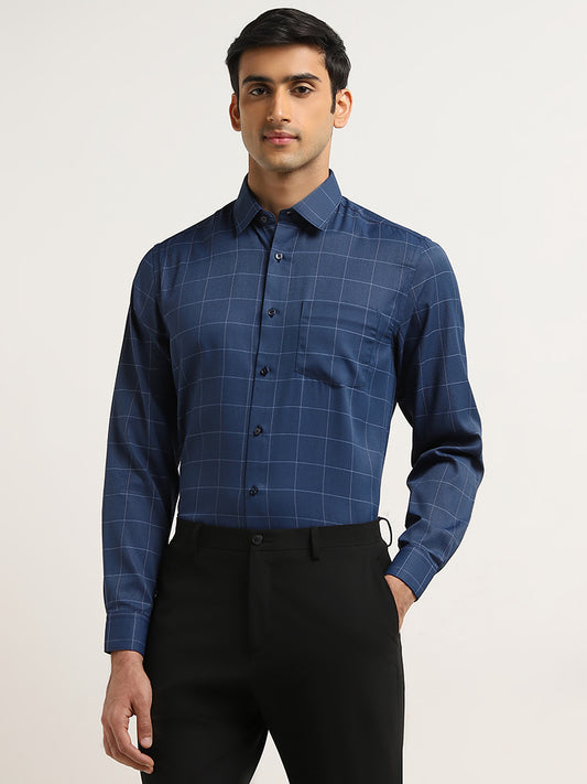 WES Formals Navy Checkered Slim-Fit Cotton Shirt