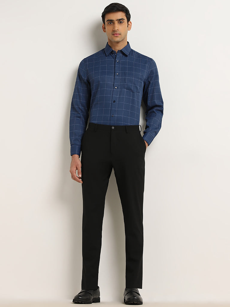 WES Formals Navy Checkered Slim-Fit Cotton Shirt