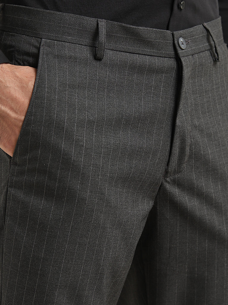 Buy WES Formals Charcoal Slim Tapered-Fit Mid-Rise Trousers from Westside