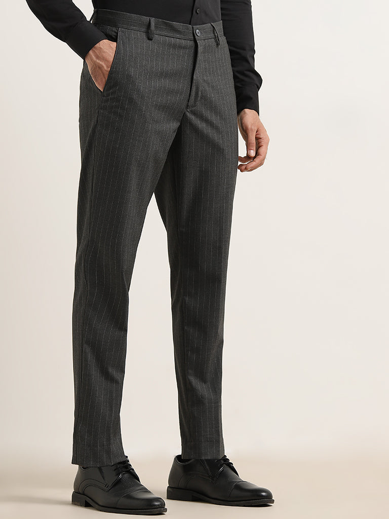 Buy WES Formals Charcoal Slim Tapered-Fit Mid-Rise Trousers from Westside