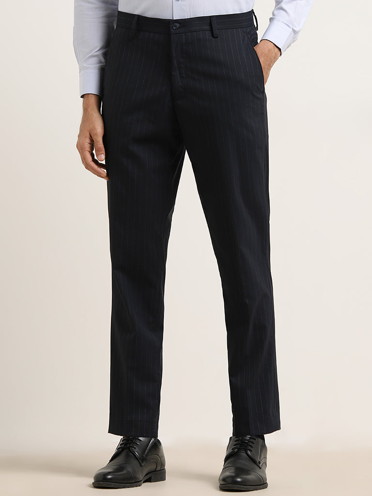 WES Formals Navy Slim Tapered-Fit Mid-Rise Trousers