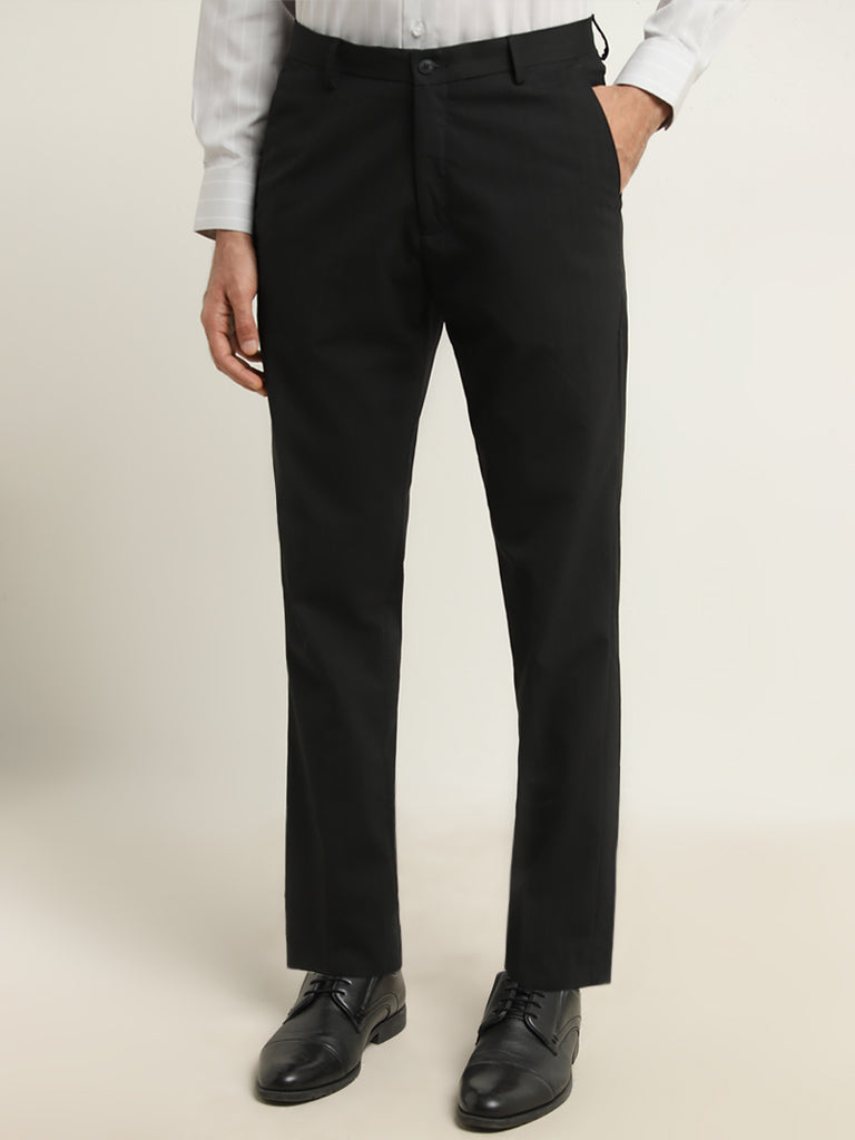 WES Formals Black Slim-Fit Mid-Rise Trousers