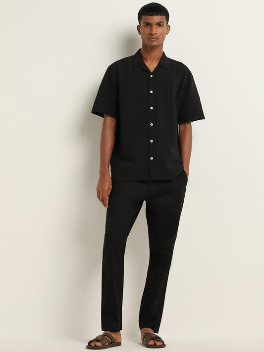 ETA Black Seersucker Relaxed-Fit Cotton Blend Shirt
