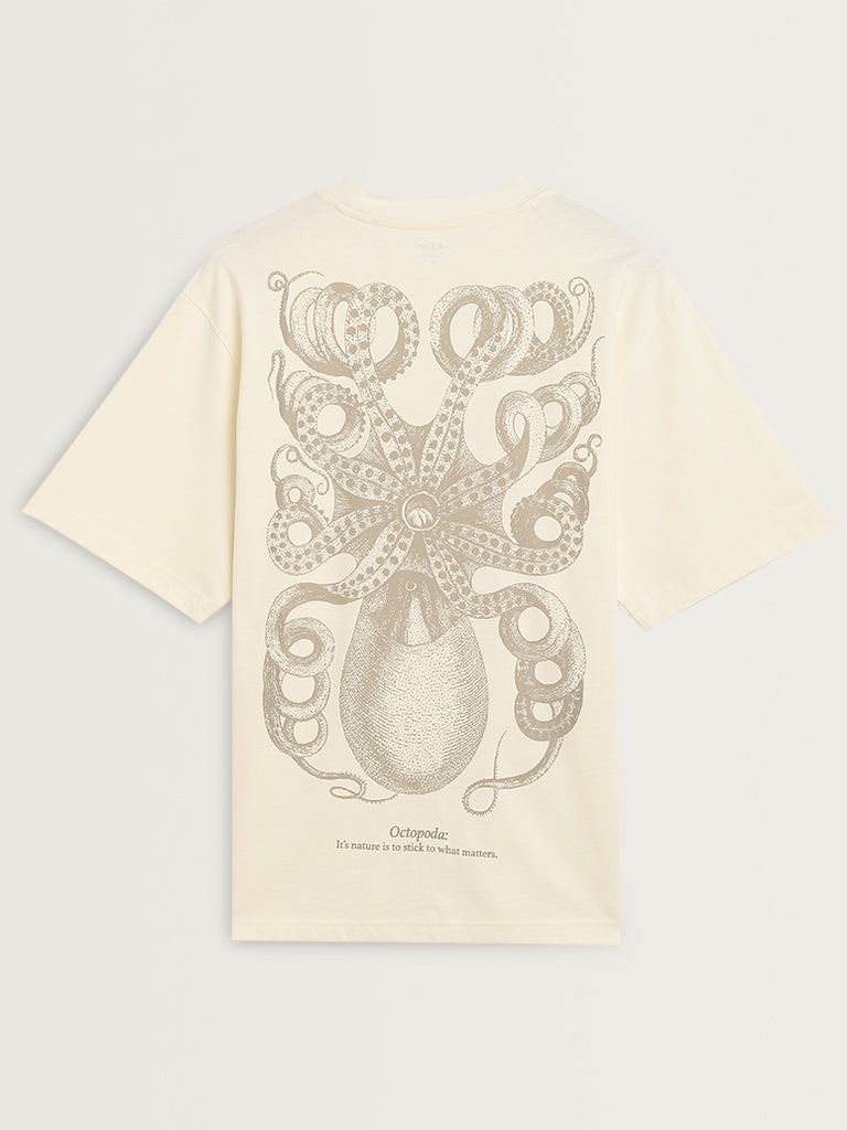 Nuon White Graphic Printed Relaxed-Fit Cotton T-Shirt