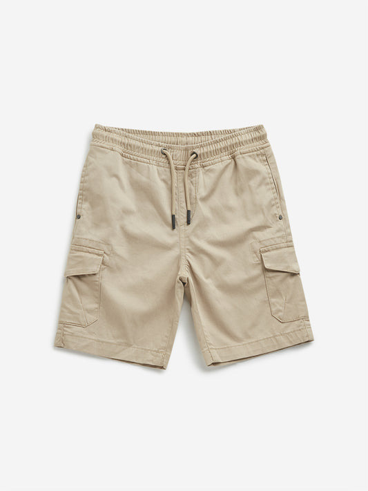 HOP Kids Taupe Mid-Rise Cargo-Style Cotton Blend Shorts