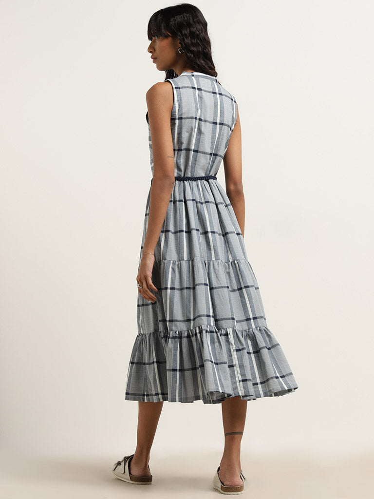Bombay Paisley Blue Checks Design Tiered Cotton Dress with Belt