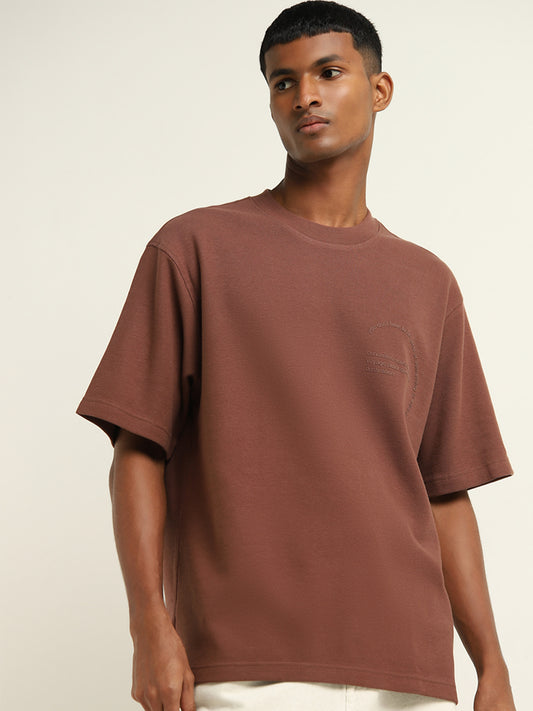 Nuon Brown Text Design Relaxed-Fit Cotton T-Shirt