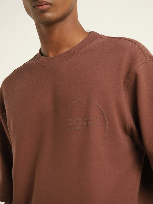 Nuon Brown Text Design Relaxed-Fit Cotton T-Shirt