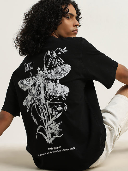 Nuon Black Dragonfly Printed Relaxed-Fit Cotton T-Shirt