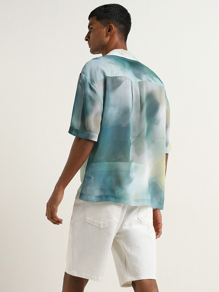 Nuon Light Teal Abstract Design Relaxed Fit Shirt
