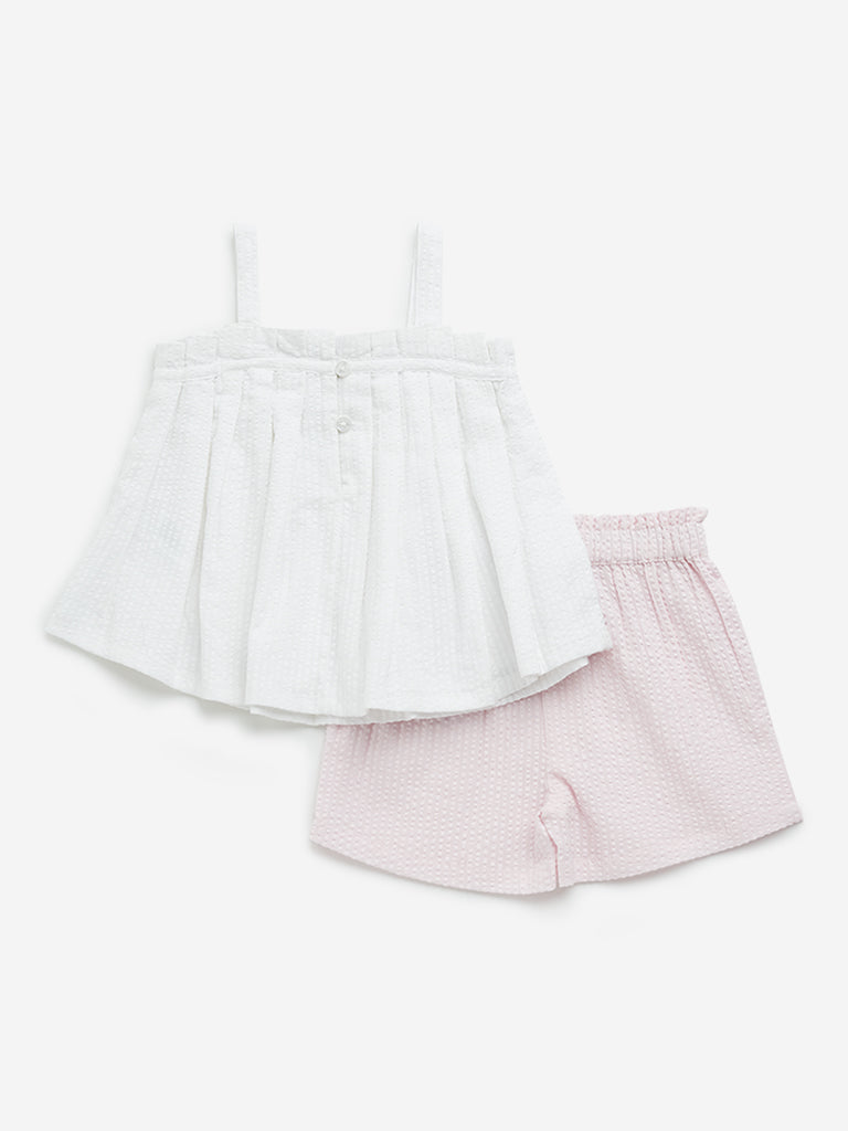 HOP Baby White & Pink Seersucker Cotton Top & Shorts Set