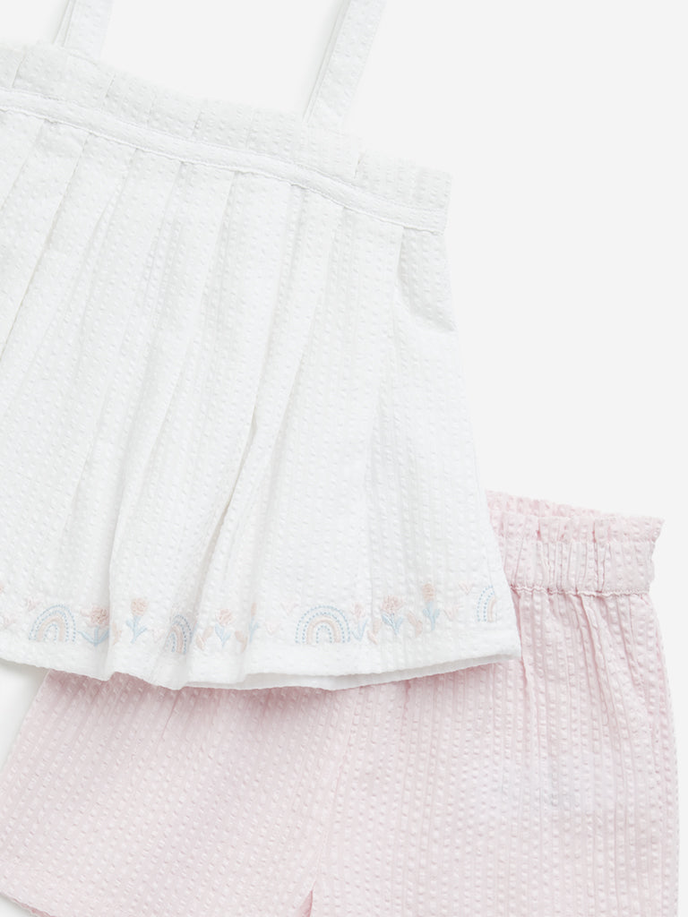 HOP Baby White & Pink Seersucker Cotton Top & Shorts Set