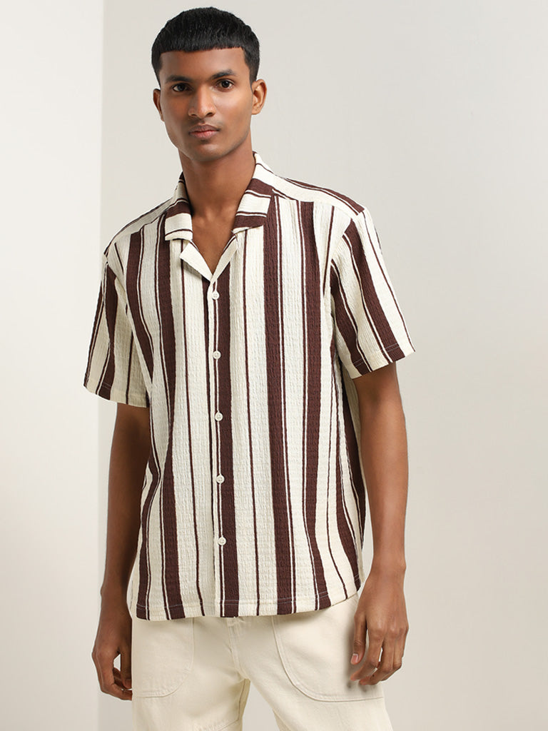 Nuon Dark Brown Stripe Printed Textured Relaxed-Fit Shirt