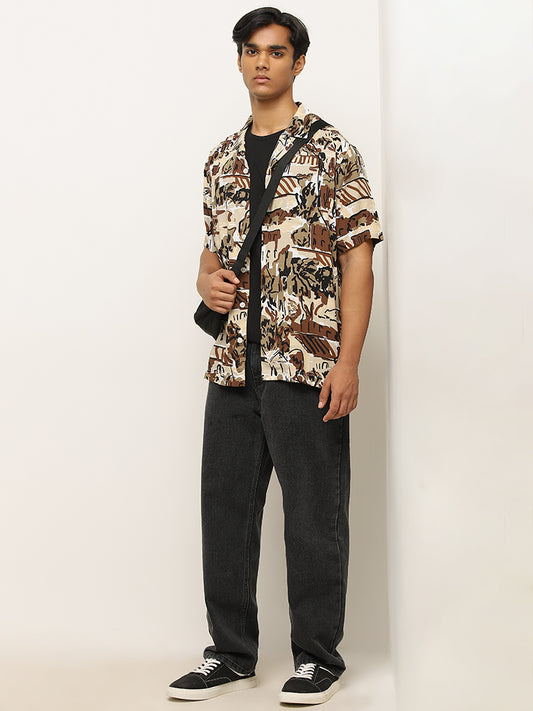 Nuon Brown Abstract Design Relaxed-Fit Shirt
