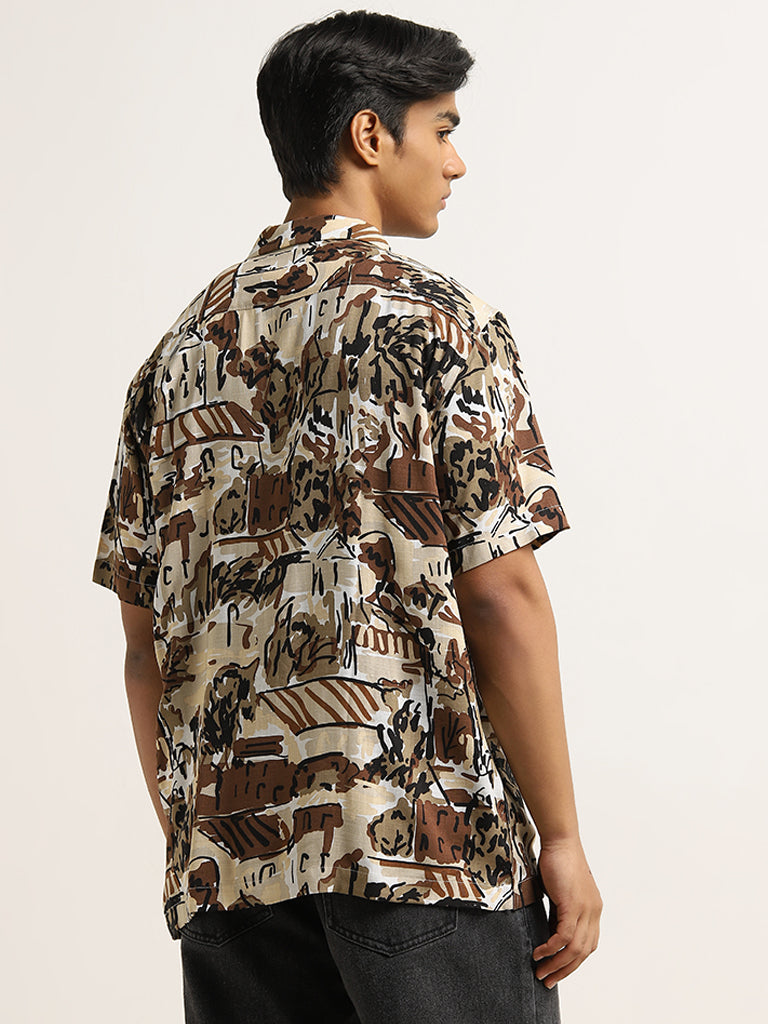 Nuon Brown Abstract Design Relaxed-Fit Shirt