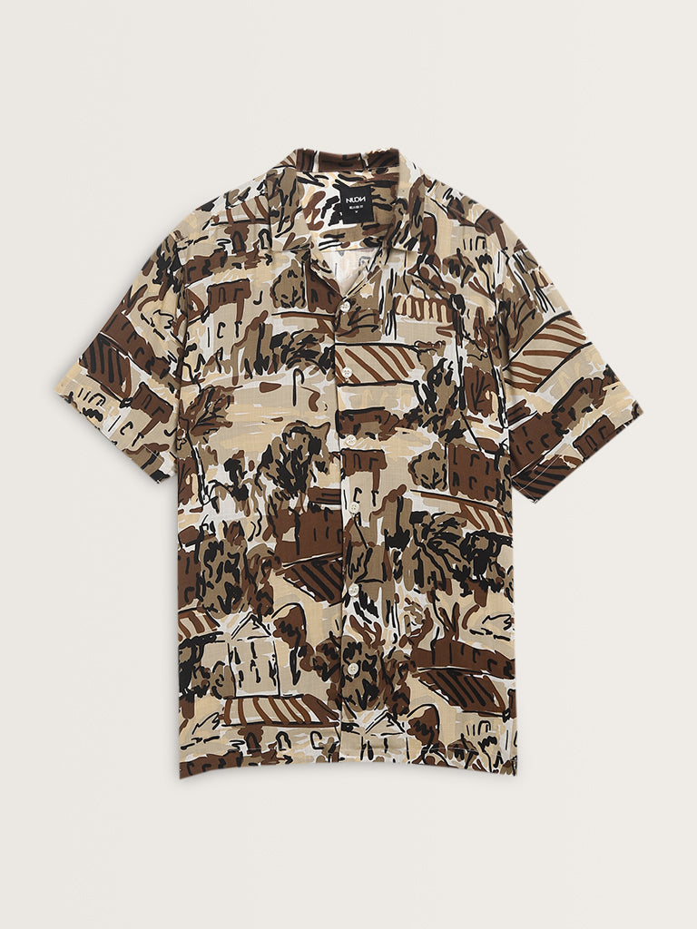 Nuon Brown Abstract Design Relaxed-Fit Shirt