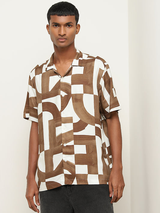 Nuon Brown Abstract Print Relaxed-Fit Shirt