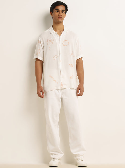 Nuon White Printed Relaxed-Fit Shirt