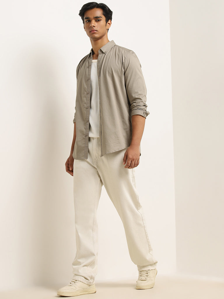 Nuon Dusty Olive Solid Slim-Fit Cotton Shirt