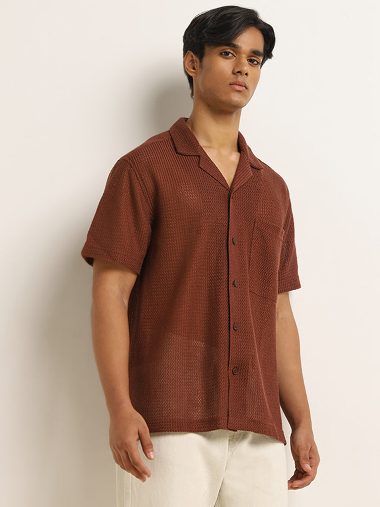 Nuon Brown Knit-Textured Relaxed-Fit Shirt