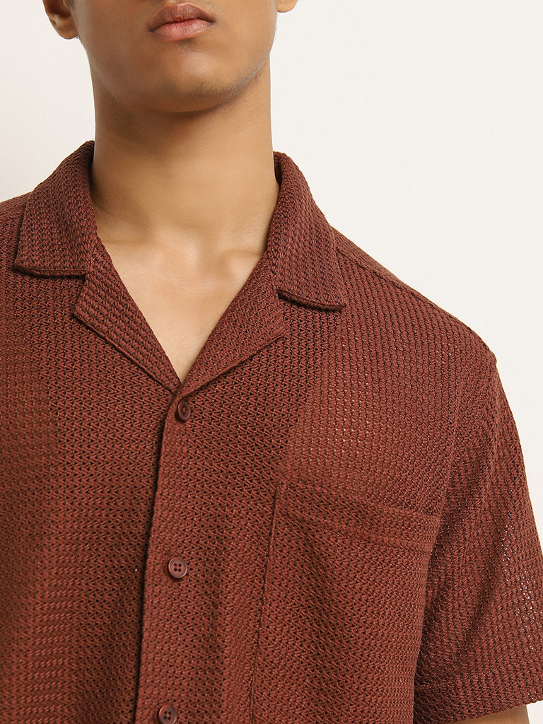 Nuon Brown Knit-Textured Relaxed-Fit Shirt