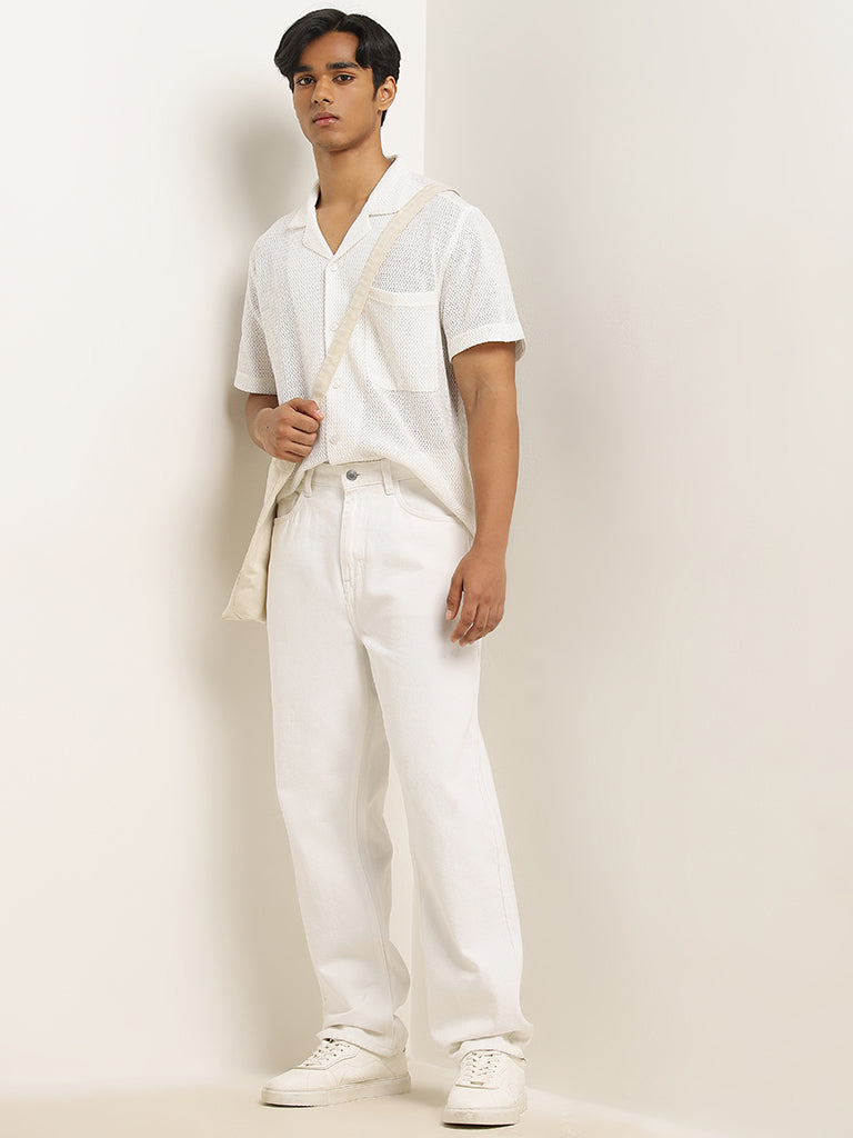 Nuon White Knit-Textured Relaxed-Fit Shirt