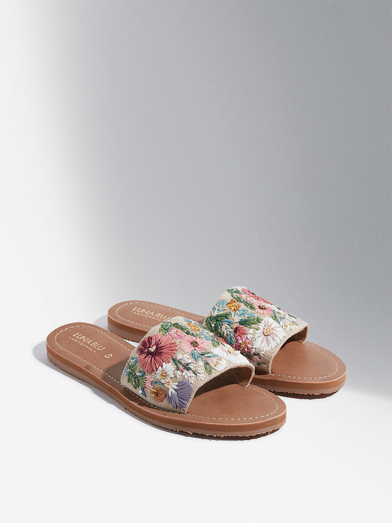 Buy LUNA BLU Beige Floral Embroidered Slides from Westside