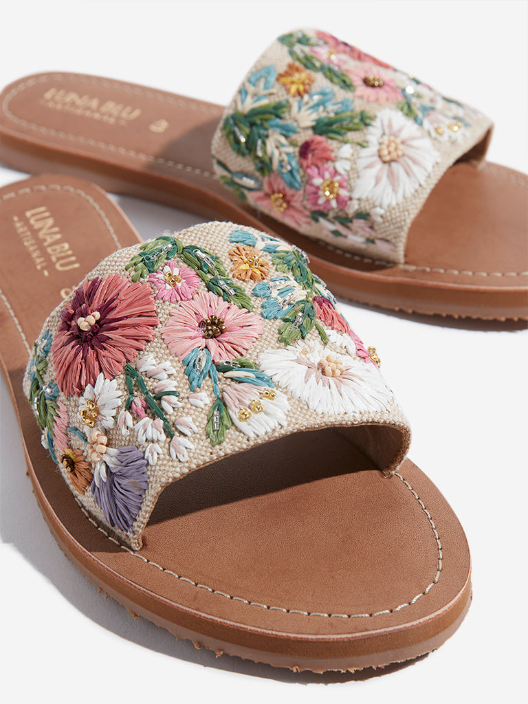 LUNA BLU Beige Floral Embroidered Slides