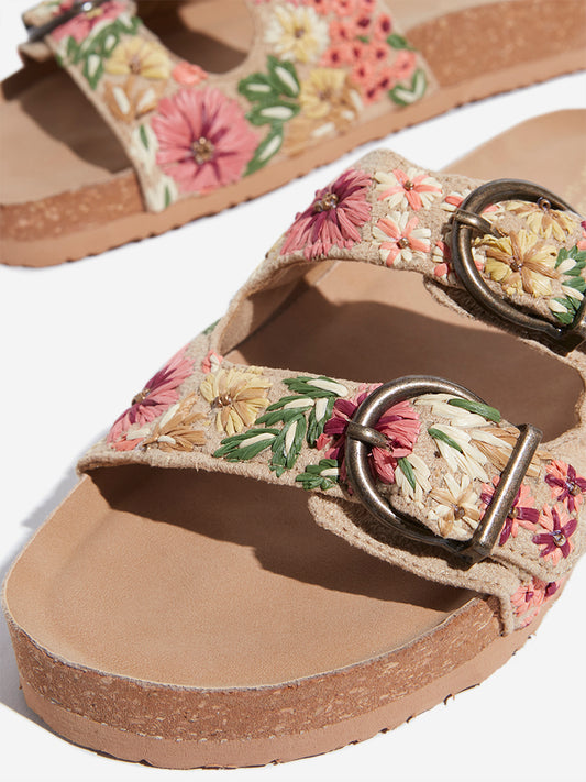 LUNA BLU Beige Floral Embroidered Double Band Sandals