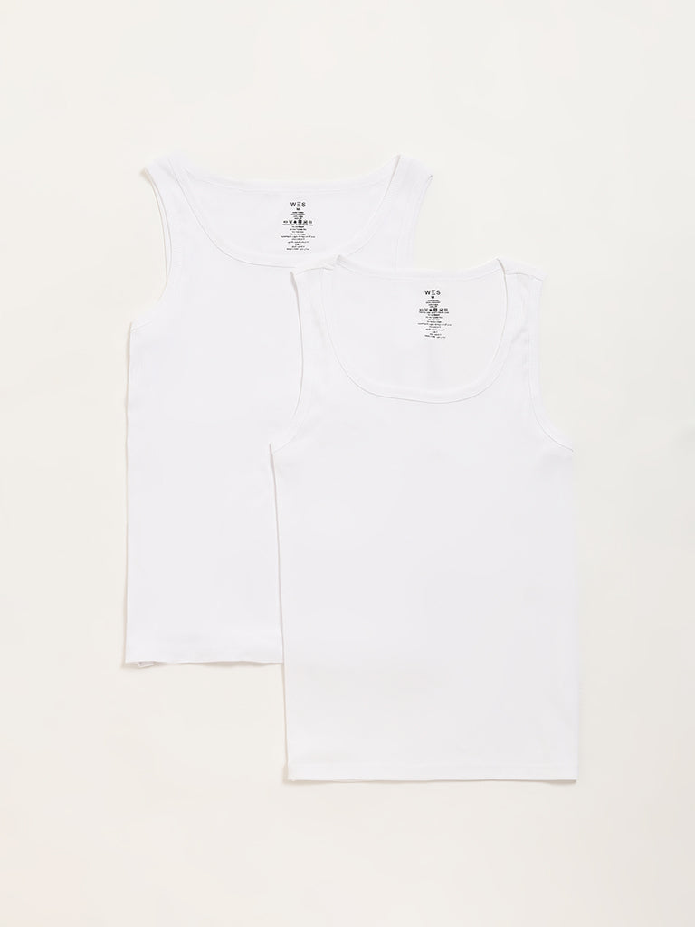 WES Lounge White Ribbed Cotton Vests - Pack of 2