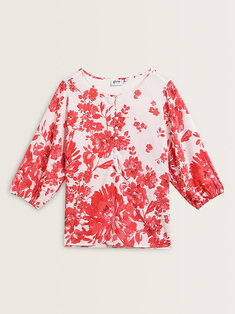 Gia Red Floral Printed Cotton Blouse