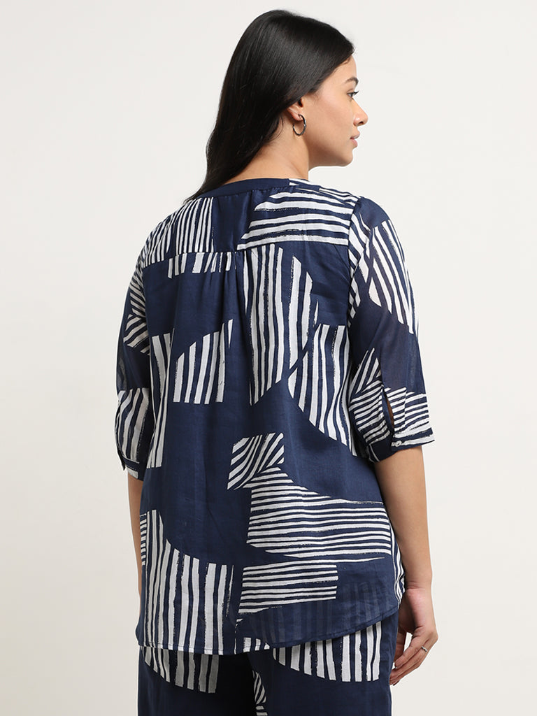 Gia Navy Abstract Print Cotton Blouse