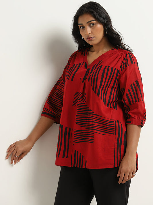 Gia Dark Red Abstract Printed Cotton Blouse
